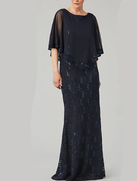 Wholesale Sheath / Column Mother of the Bride Dress Wedding Guest Elegant & Luxurious Jewel Neck Floor Length Chiffon Half Sleeve with Lace Beading Embroidery Fall