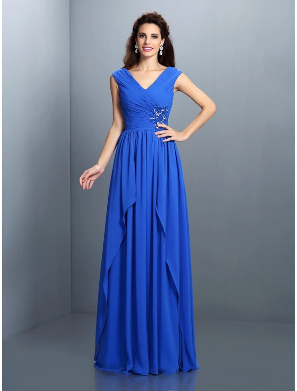 Wholesale A-Line Evening Gown Sparkle & Shine Dress Wedding Guest Wedding Party Floor Length Sleeveless V Neck Bridesmaid Dress Chiffon with Rhinestone Ruched Sequin