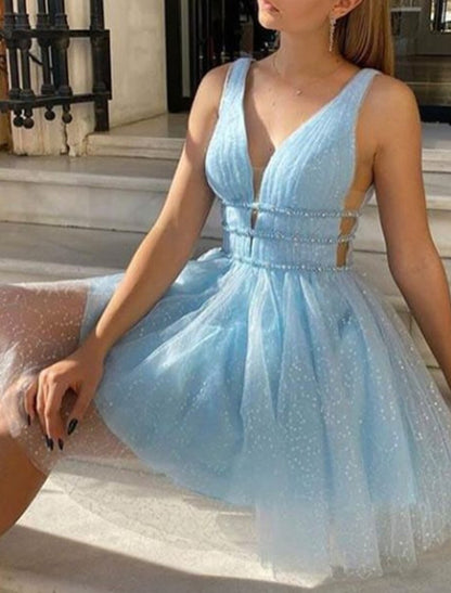 Wholesale A-Line Homecoming Dresses Sleeveless Sparkle & Shine Dress Party Dress Knee Length V Neck Tulle With Sequin Pure Color