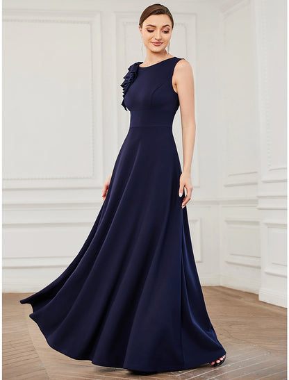 Wholesale  A-Line Evening Gown Plus Size Dress Formal Wedding Guest Floor Length Sleeveless Jewel Neck Bridesmaid Dress Polyester with Draping Appliques