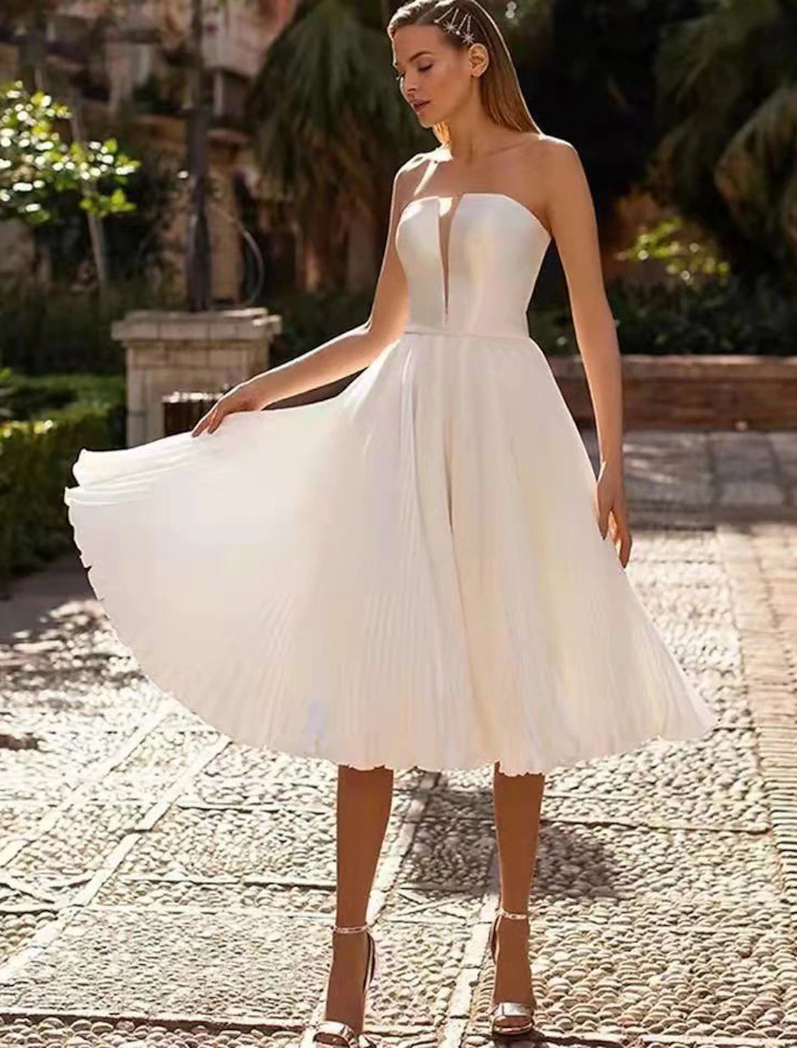 Wholesale Reception Little White Dresses Wedding Dresses A-Line Sweetheart Strapless Tea Length Satin Bridal Gowns With Sash / Ribbon