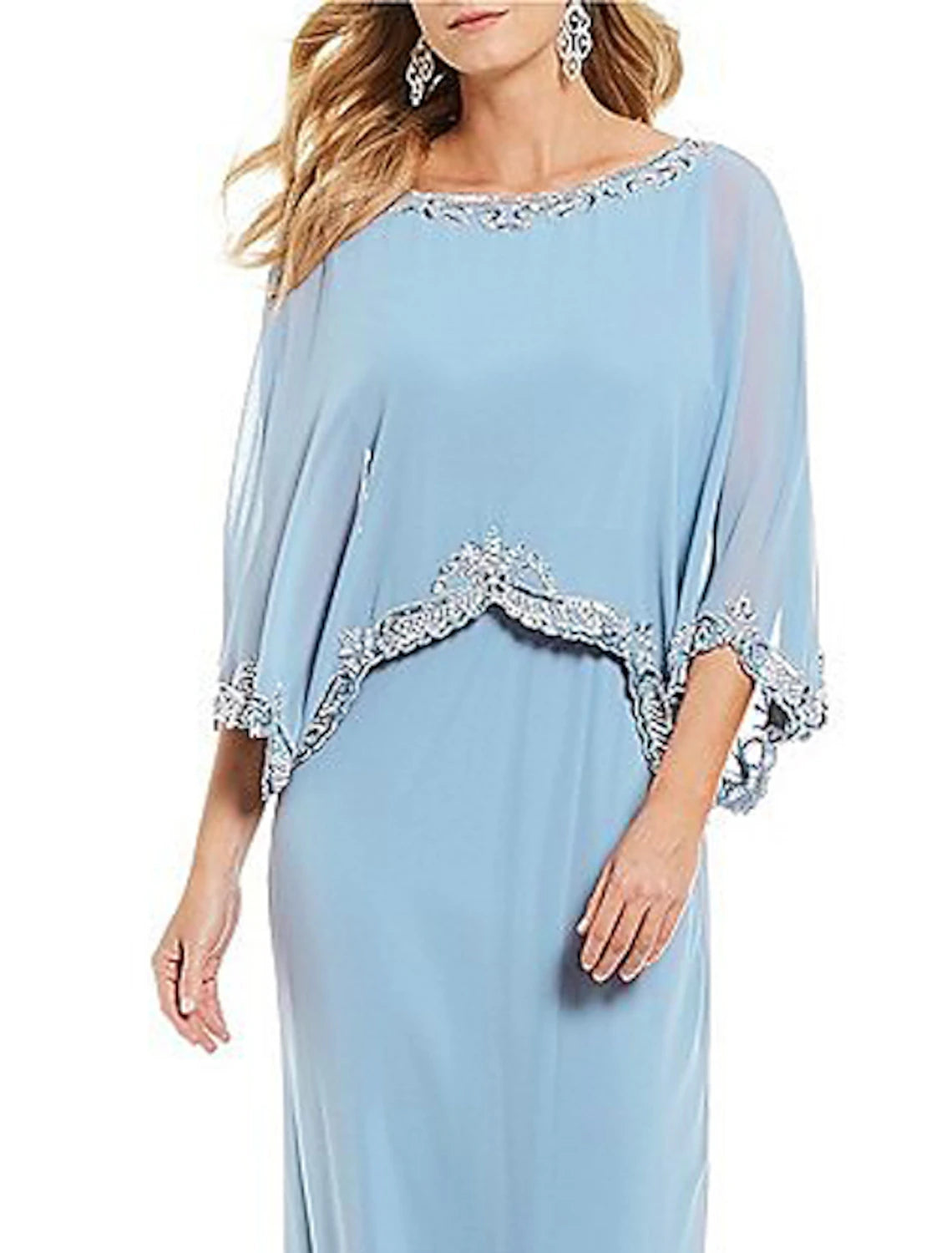 Wholesale Sheath / Column Mother of the Bride Dress Plus Size Elegant Bateau Neck Floor Length Chiffon 3/4 Length Sleeve with Appliques