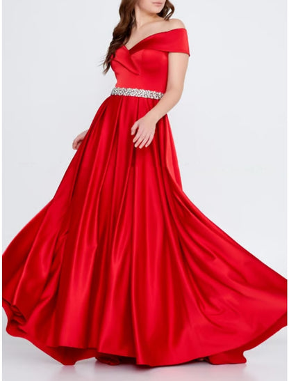 Wholesale A-Line Evening Gown Elegant Dress Formal Sweep / Brush Train Christmas Red Green Dress Sleeveless Off Shoulder Satin with Pleats Crystals