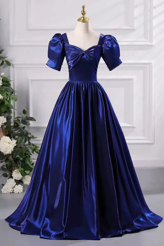 Wholesale Blue Satin Floor Length Prom Dress A-Line Short Sleeve Backless Evening Party Dress