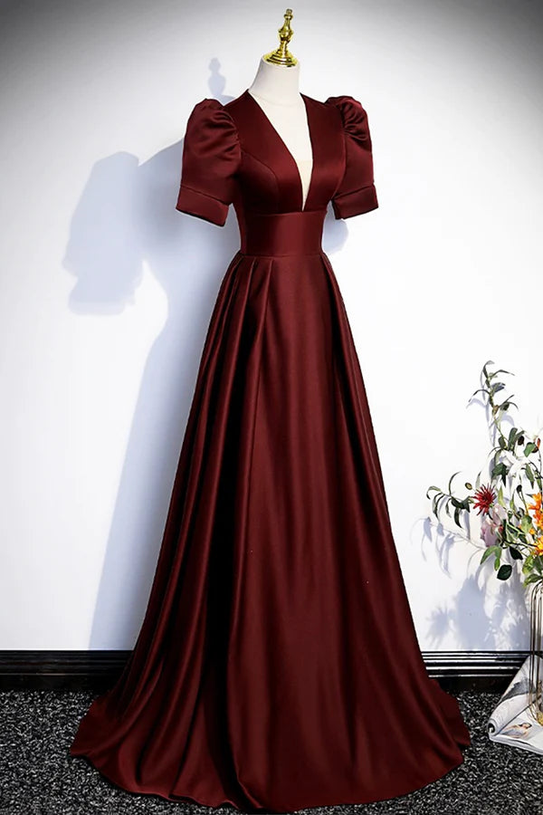 Wholesa A-line V Neck Lace Burgundy Long Prom Evening Dress with High Slit main image 1