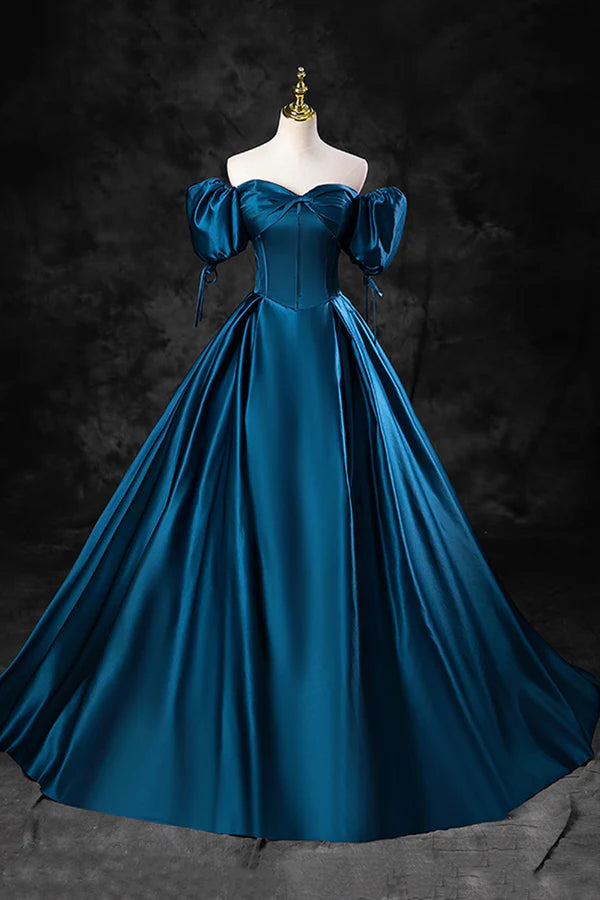 Wholesale Blue Off the Shoulder Satin Floor Length Prom Dress with Corset Blue Evening Party Dress