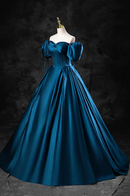 Wholesale Blue Off the Shoulder Satin Floor Length Prom Dress with Corset Blue Evening Party Dress