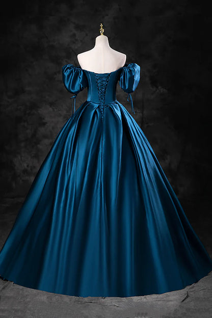 Wholesale Blue Off the Shoulder Satin Floor Length Prom Dress with Corset Blue Evening Party Dress