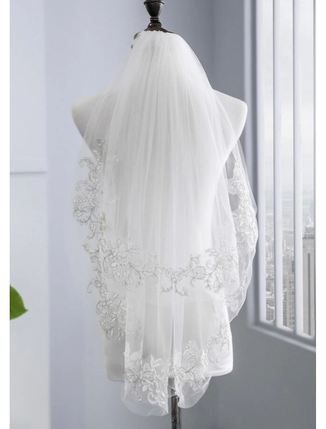 Wholesale Two-tier Stylish / Pearls Wedding Veil Elbow Veils with Faux Pearl / Embroidery POLY / Drop Veil