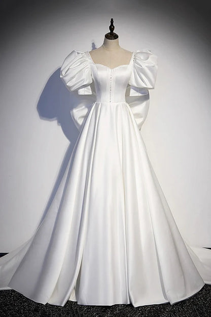 Wholesale White Satin Long Prom Dress Beautiful Short Sleeve Evening Dress with Bow