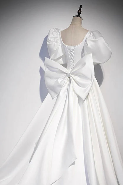 Wholesale White Satin Long Prom Dress Beautiful Short Sleeve Evening Dress with Bow