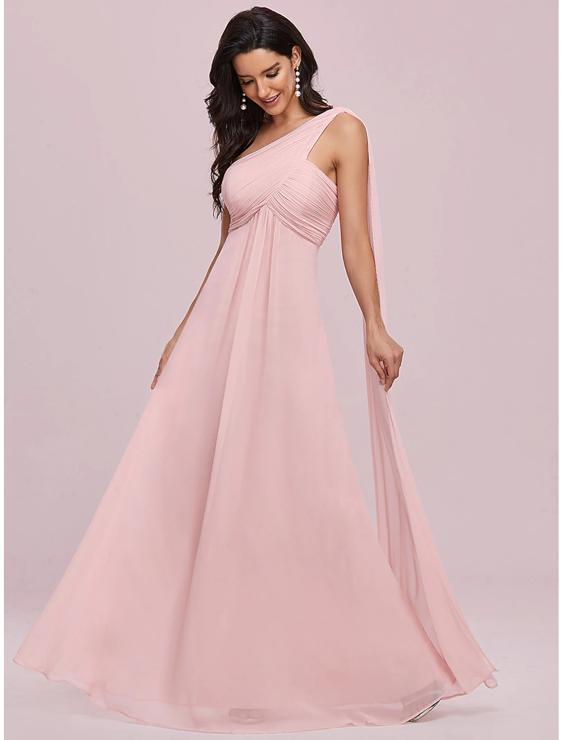 Wholesale A-Line Evening Gown Empire Dress Formal Evening Floor Length Sleeveless One Shoulder Bridesmaid Dress Chiffon Backless with Pleats Draping