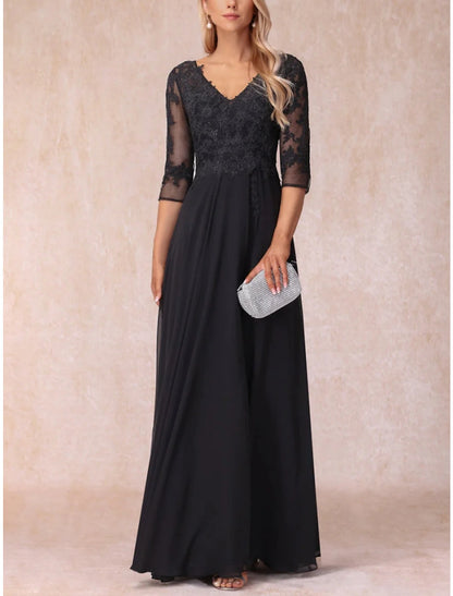 Wholesale A-Line Mother of the Bride Dress Wedding Guest Elegant V Neck Floor Length Chiffon Lace 3/4 Length Sleeve with Ruching Solid Color