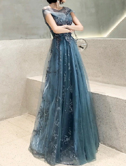 Wholesale A-Line Mother of the Bride Dress Fall Wedding Guest Dresses Elegant Jewel Neck Floor Length Tulle Short Sleeve with Pleats Appliques