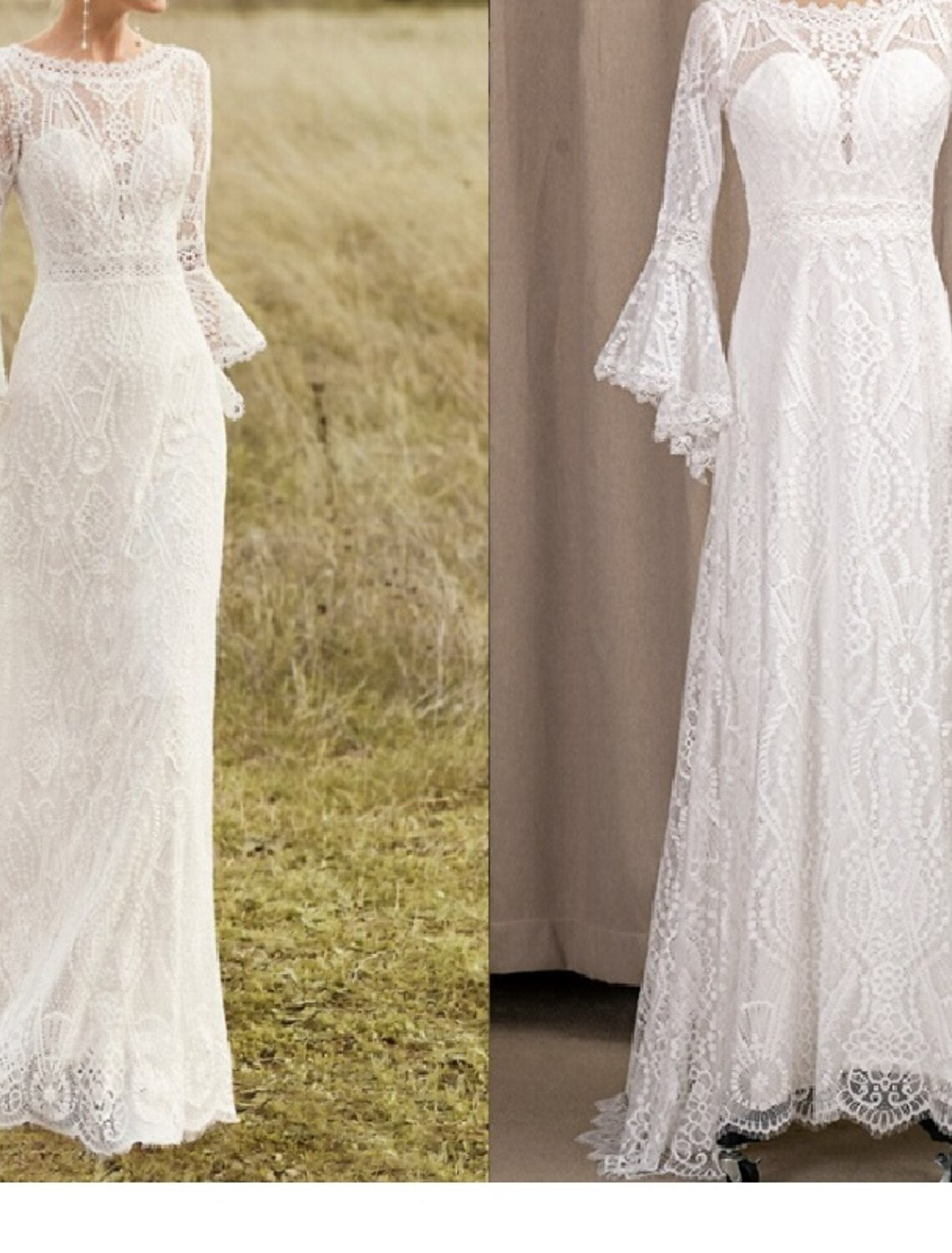 Wholesale  Beach Boho Wedding Dresses A-Line Scoop Neck Long Sleeve Sweep / Brush Train Lace Bridal Gowns With Lace Solid