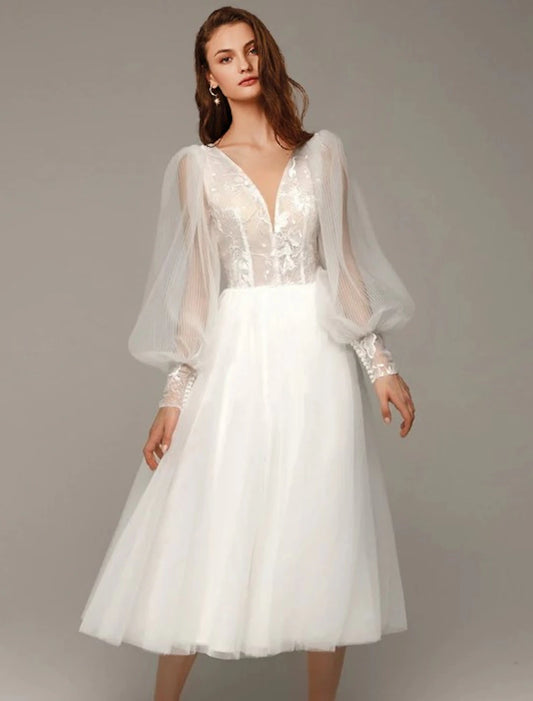 Wholesale  Hall Vintage 1940s / 1950s Little White Dresses Wedding Dresses A-Line V Neck Long Sleeve Tea Length Satin Bridal Gowns With Appliques Solid