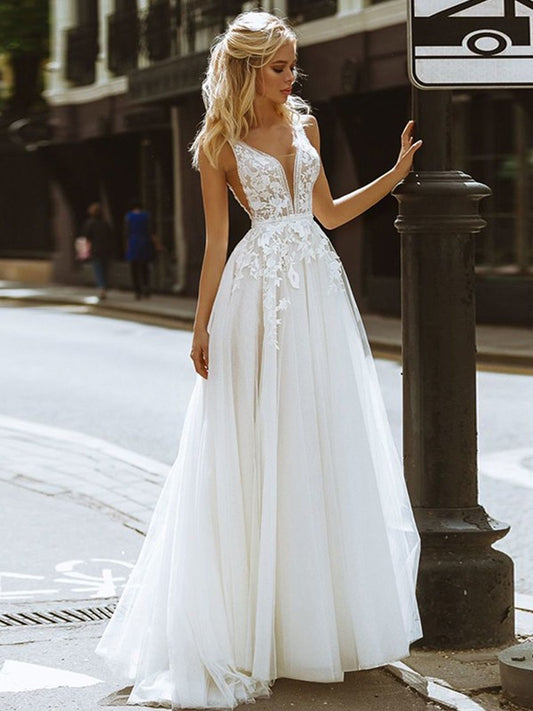 Wholesale A-Line/Princess Tulle Lace V-neck Sleeveless Sweep/Brush Train Wedding Dresses