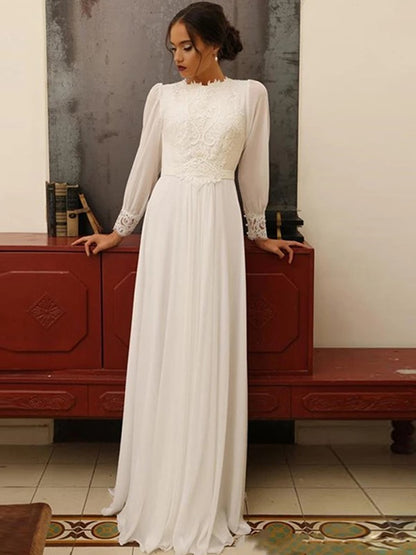 Wholesale A-Line/Princess Chiffon Lace Jewel Long Sleeves Floor-Length Wedding Dresses