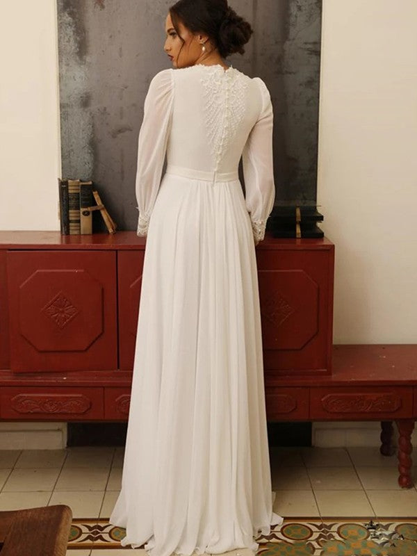 Wholesale A-Line/Princess Chiffon Lace Jewel Long Sleeves Floor-Length Wedding Dresses