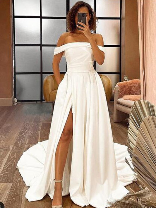 Wholesale A-Line/Princess Stretch Crepe Ruched Off-the-Shoulder Sleeveless Sweep/Brush Train Wedding Dresses