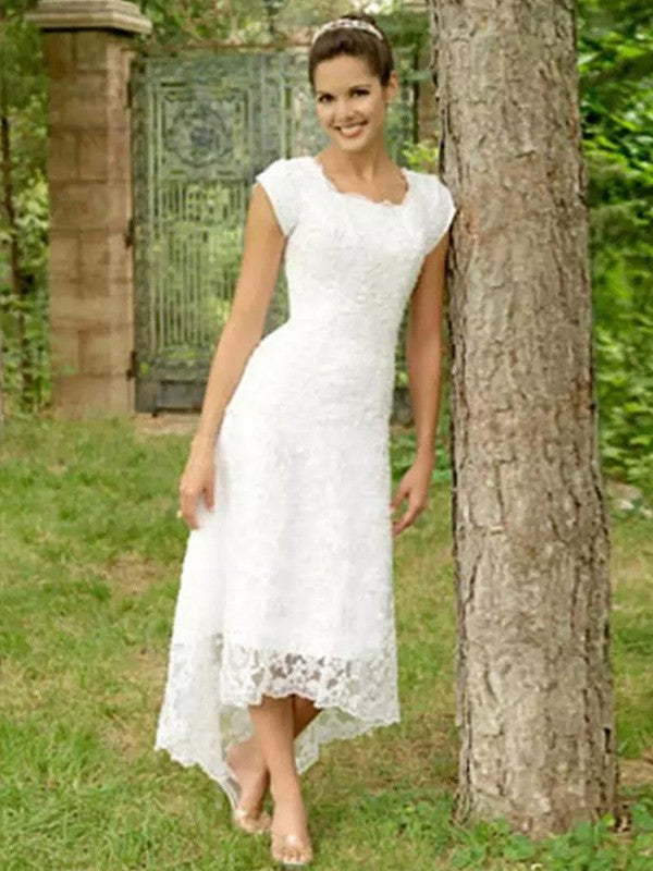 Wholesale A-Line/Princess Lace Scoop Short Sleeves Asymmetrical Wedding Dresses