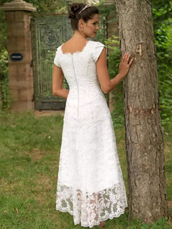 Wholesale A-Line/Princess Lace Scoop Short Sleeves Asymmetrical Wedding Dresses