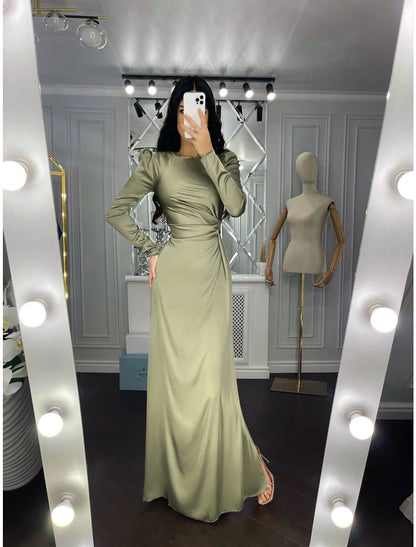 Wholesale Sheath / Column Evening Gown Elegant Dress Wedding Guest Fall Floor Length Long Sleeve High Neck Bridesmaid Dress Satin with Ruched