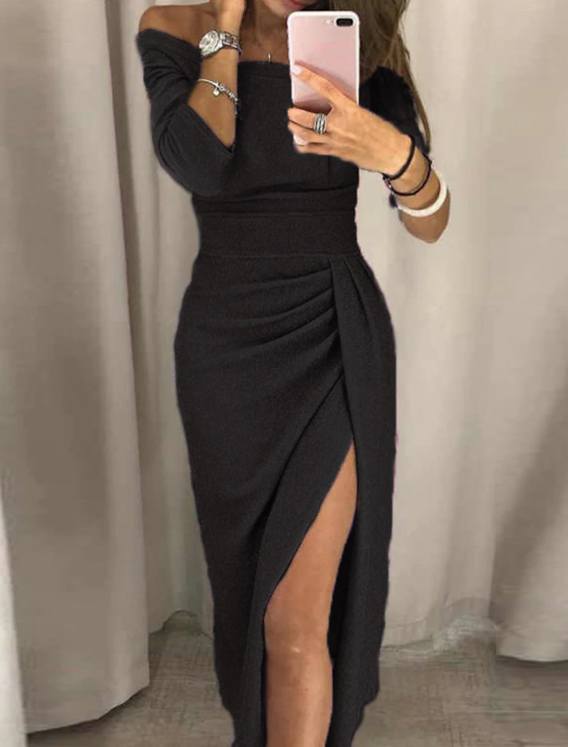 Wholesale Sheath / Column Cocktail Dresses Party Dress Party Wear Prom Ankle Length Half Sleeve Off Shoulder Fall Wedding Guest Jersey with Ruched Slit