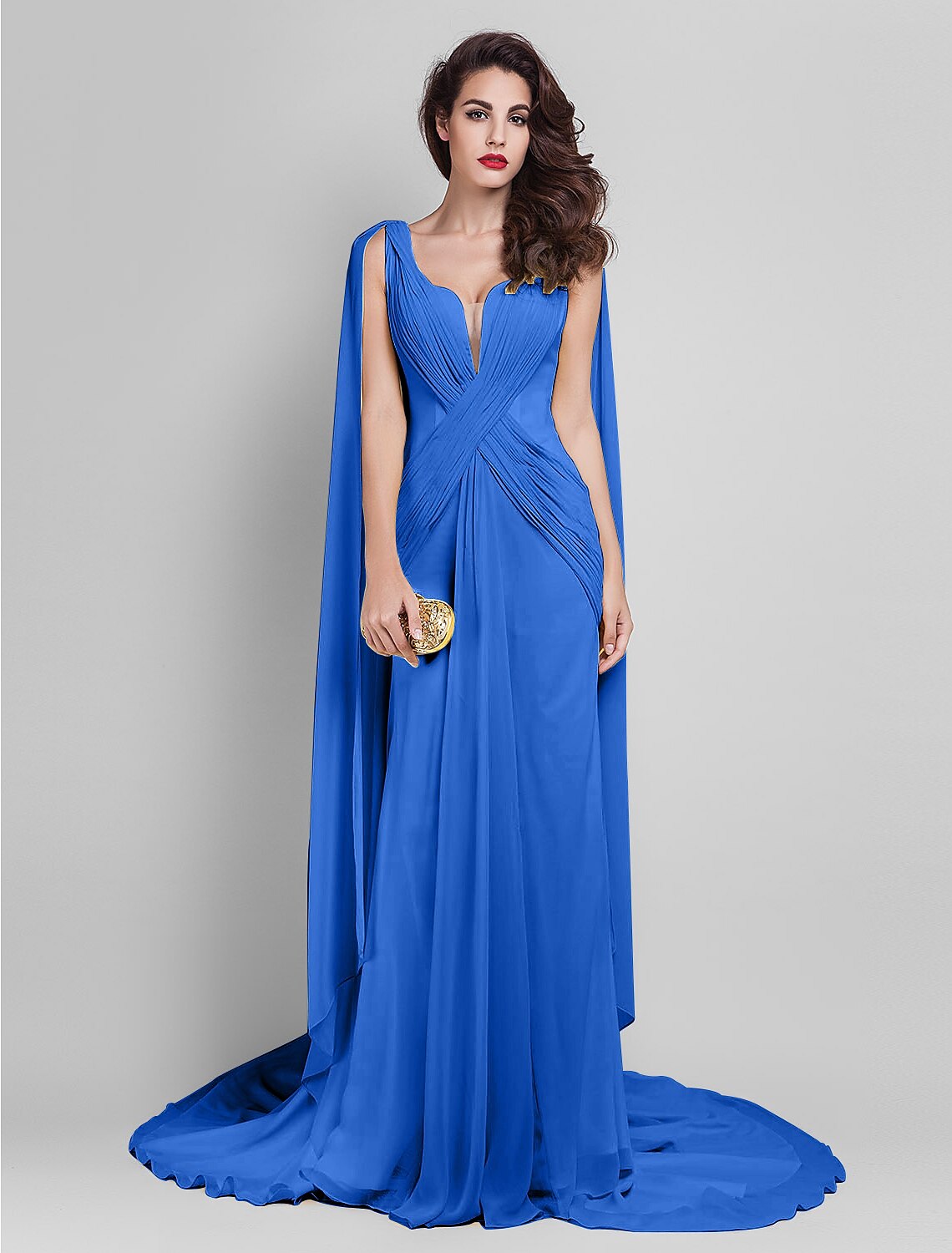 Wholesale Sheath / Column Elegant Dress Wedding Guest Prom Court Train Sleeveless Plunging Neck Georgette V Back