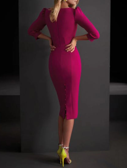 Wholesale Sheath / Column Mother of the Bride Dress Elegant V Neck Knee Length Satin 3/4 Length Sleeve with Buttons