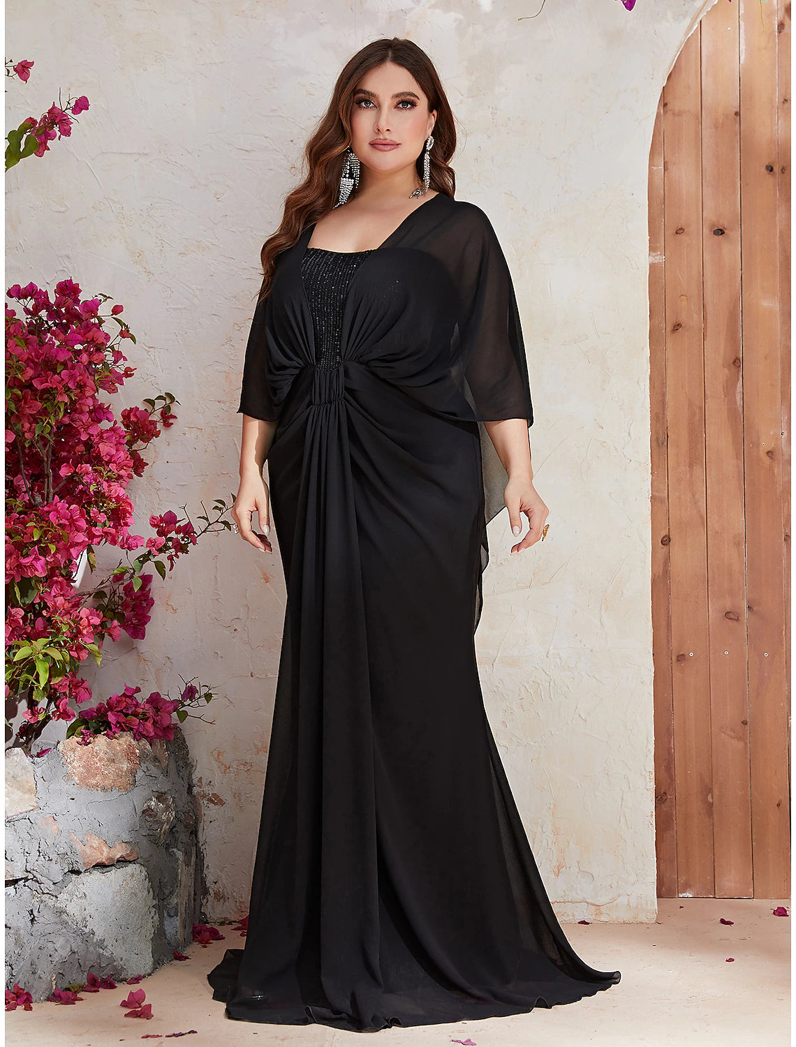 Wholesale Mermaid / Trumpet Wedding Guest Dresses Plus Size Dress Formal Evening Party Sweep / Brush Train Long Sleeve V Neck Polyester with Sequin