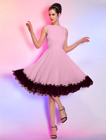 Wholesale A-Line Vintage Dress Homecoming Graduation Knee Length Sleeveless Boat Neck Pink Dress Chiffon with Lace Insert