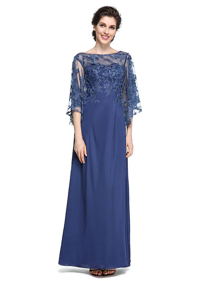 Wholesale Sheath / Column Mother of the Bride Dress Elegant See Through Bateau Neck Ankle Length Chiffon Lace Half Sleeve with Lace