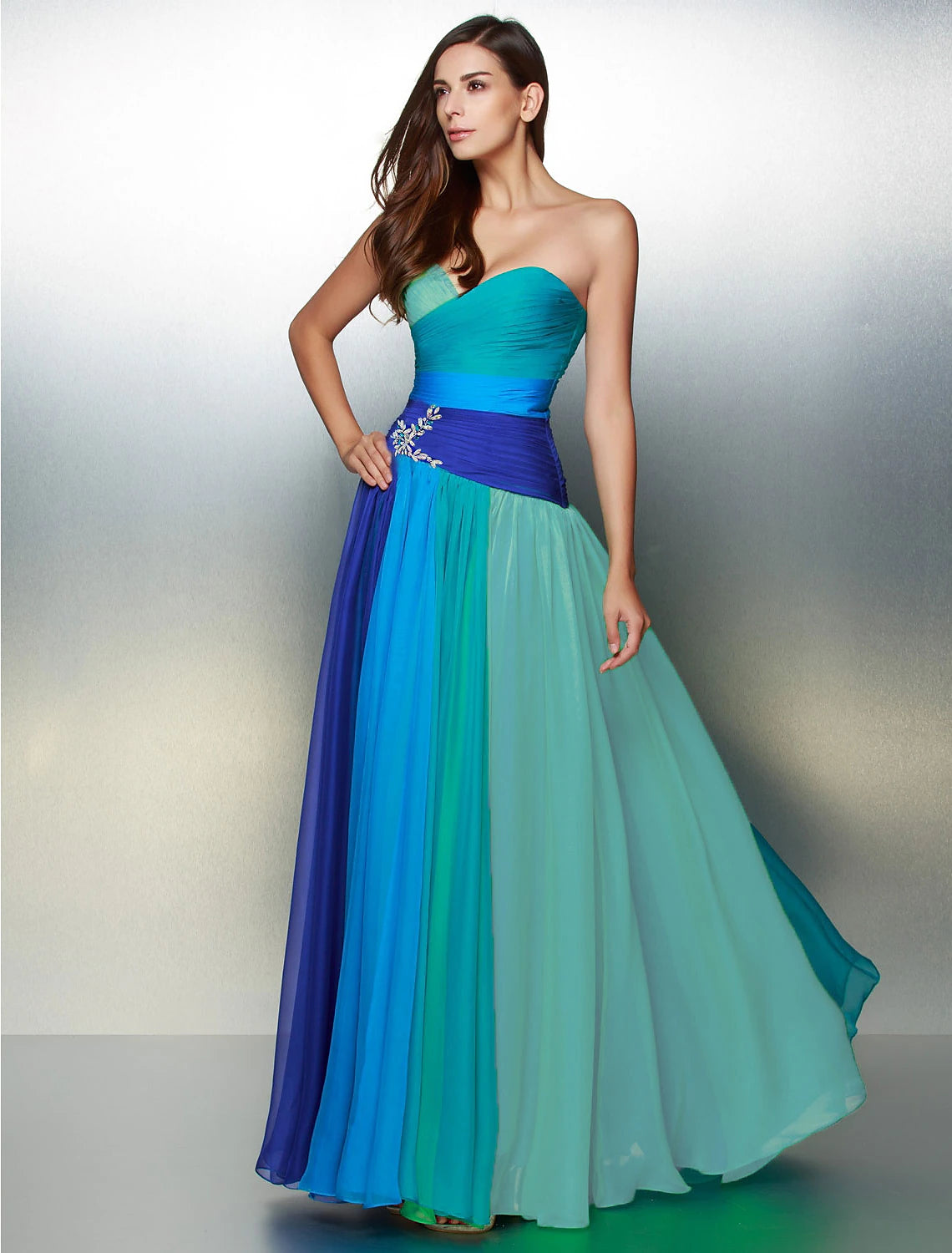 Wholesale A-Line Color Block Dress Wedding Guest Prom Floor Length Sleeveless Sweetheart Chiffon Backless with Ruched Crystals