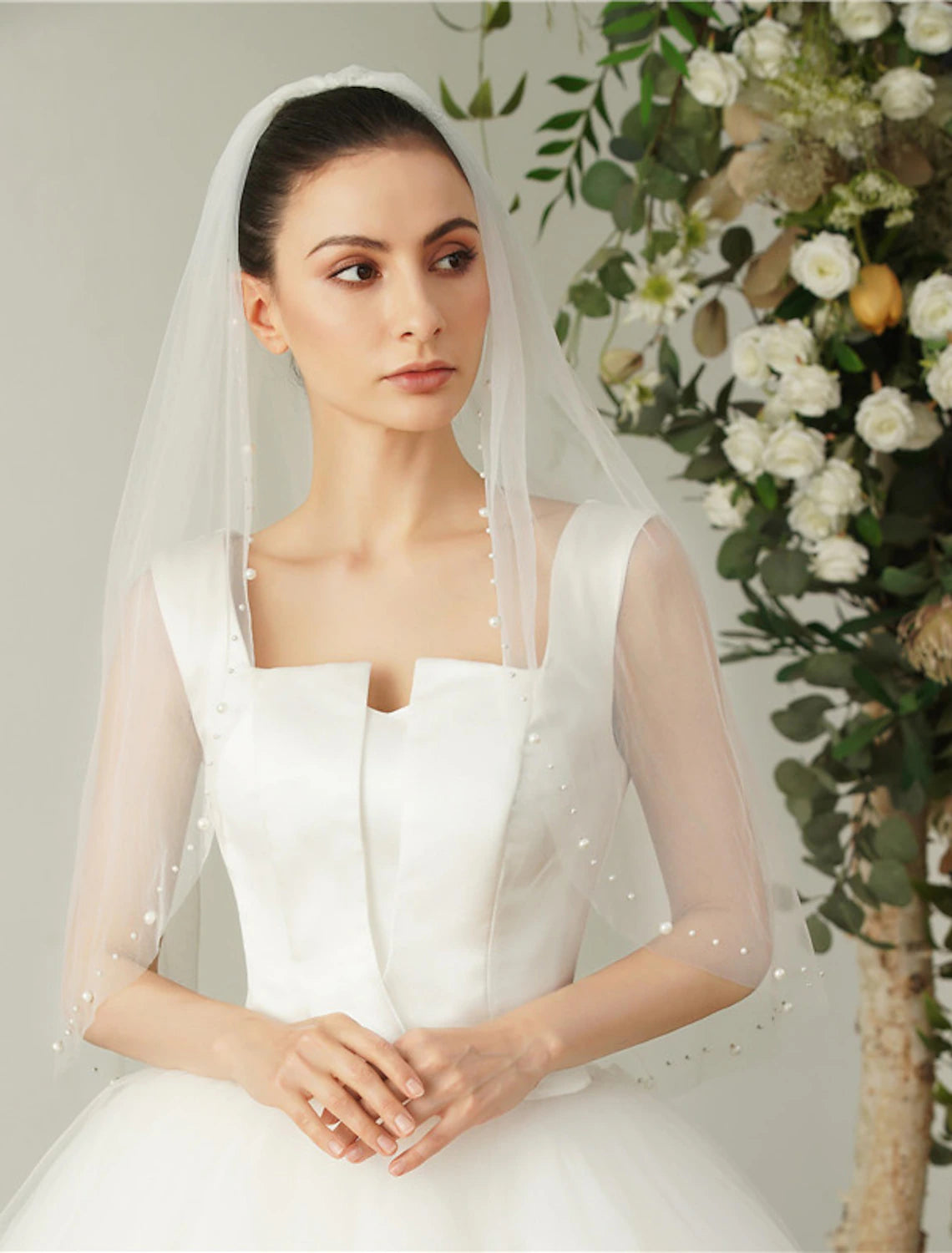 Wholesale One-tier Pearl Wedding Veil Elbow Veils with Faux Pearl 35.43 in (90cm) Tulle