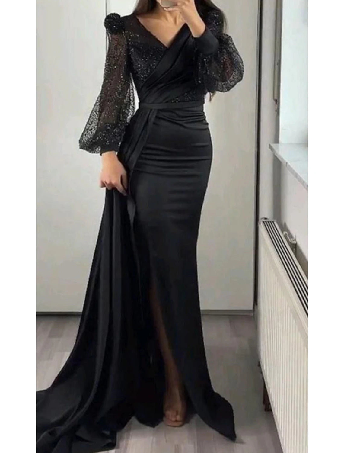 Wholesale Mermaid Evening Dress Champagne Gown Sparkle Sequin Dress Formal Black Tie Floor Length Long Sleeve V Neck Satin With Buttons Pearls