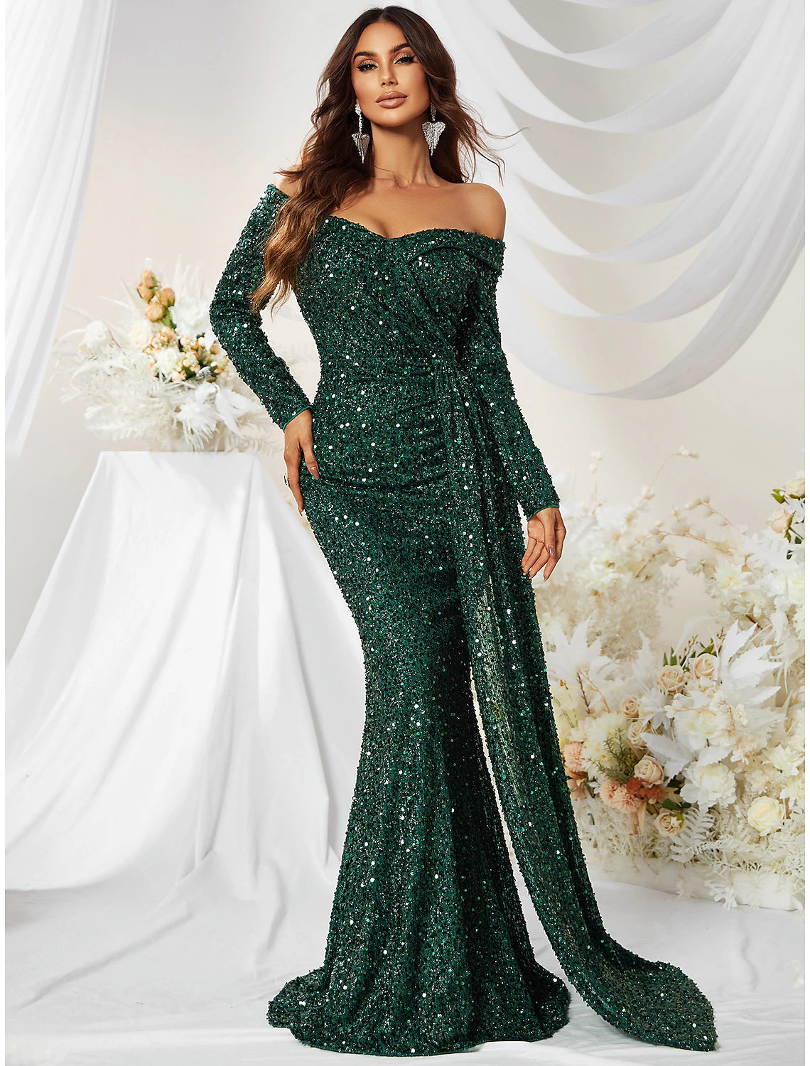 Wholesale Mermaid / Trumpet Evening Gown Sparkle & Shine Dress Formal Cocktail Party Sweep / Brush Train Long Sleeve Off Shoulder Polyester with Sequin