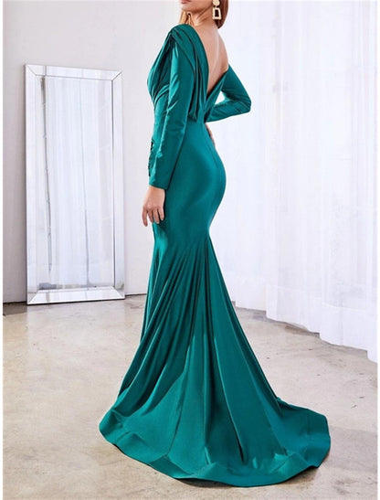 Wholesale Mermaid / Trumpet Bridesmaid Dress V Neck Long Sleeve Elegant Court Train Chiffon with Ruching / Solid Color