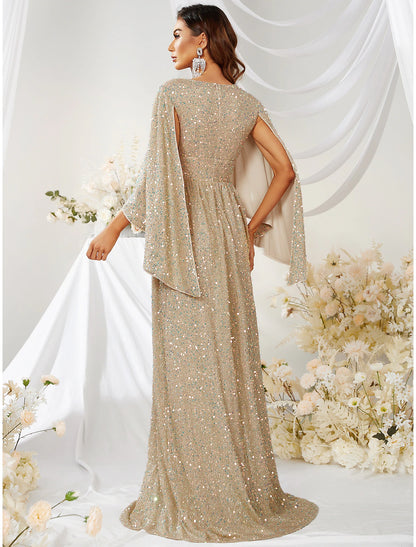 Wholesale A-Line Evening Gown Sparkle & Shine Dress Formal Wedding Sweep / Brush Train Long Sleeve V Neck Capes Polyester with Sequin