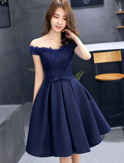 Wholesale A-Line Elegant Floral Cocktail Party Prom Dress Off Shoulder Sleeveless Short / Mini Lace with Pleats