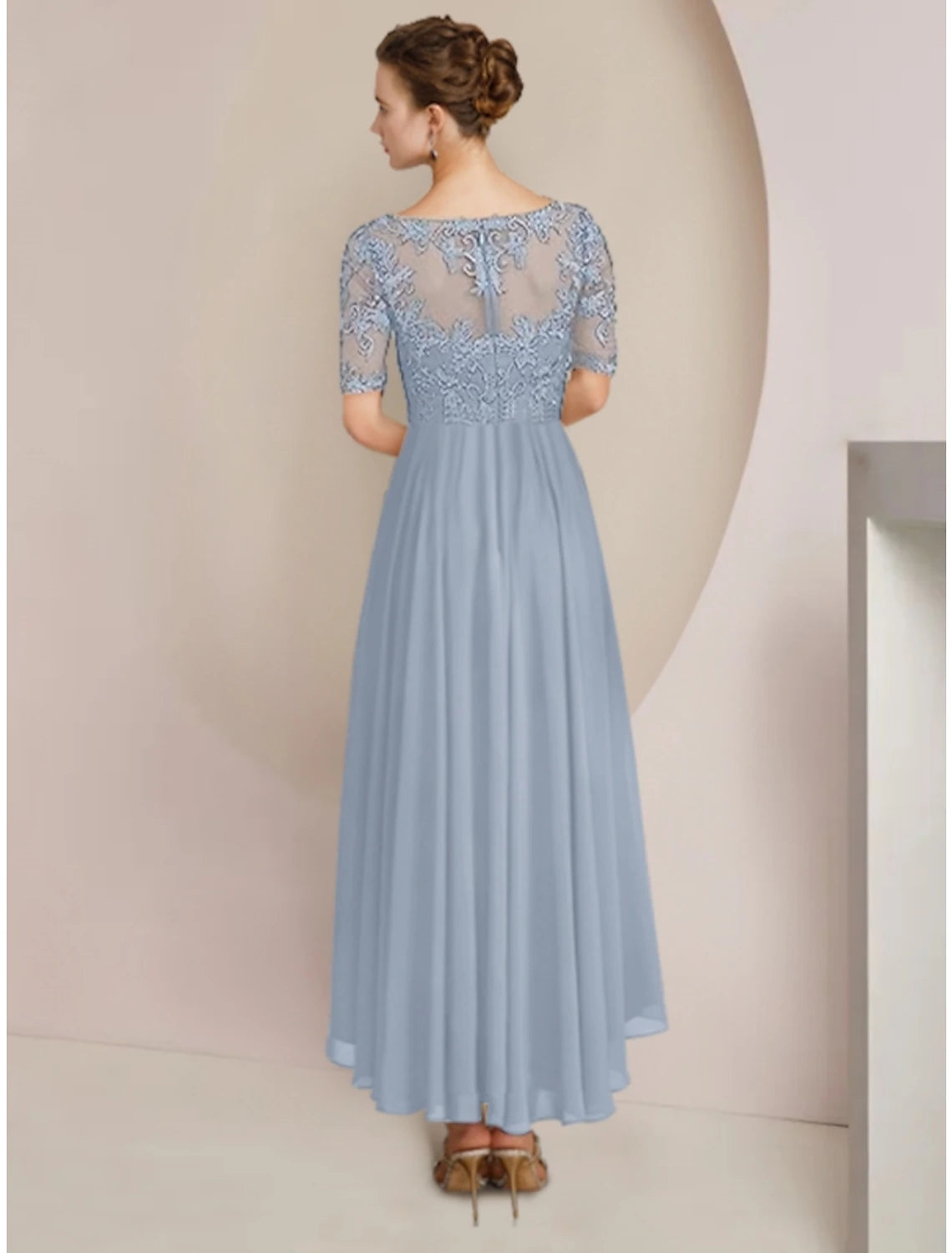 Wholesale  Sheath / Column Mother of the Bride Dress Wedding Guest Vintage Elegant V Neck Asymmetrical Ankle Length Chiffon Lace Half Sleeve with Pleats