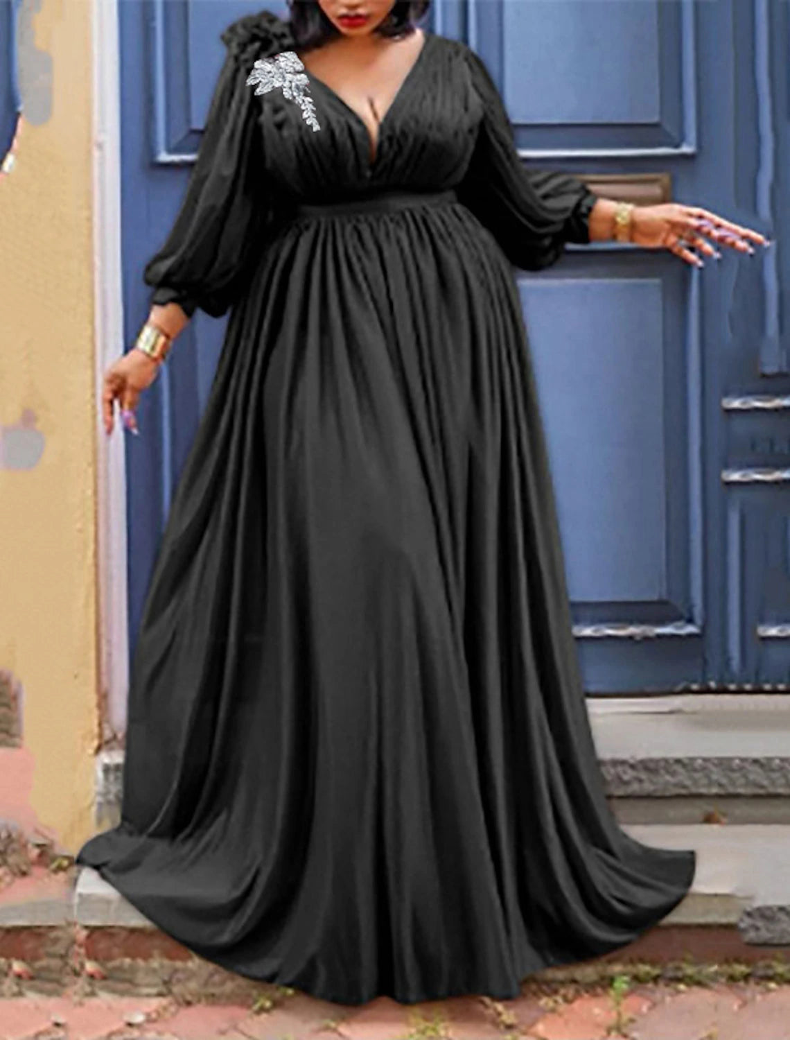 Wholesale Women‘s Plus Size Curve Party Dress Solid Color V Neck Ruched 3/4 Length Sleeve Spring Fall Elegant Formal Prom Dress Maxi long Dress Party Back to School Dress Homecoming Dress