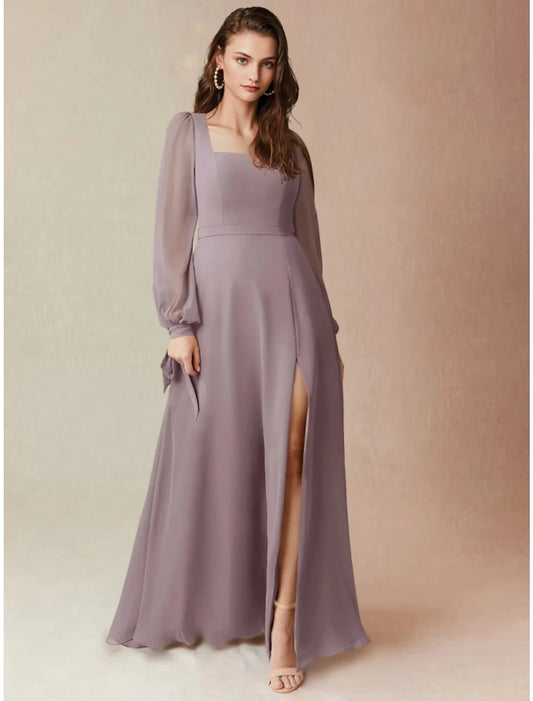 Wholesale A-Line Bridesmaid Dress Square Neck Long Sleeve Elegant Floor Length Chiffon with Split Front / Ruching