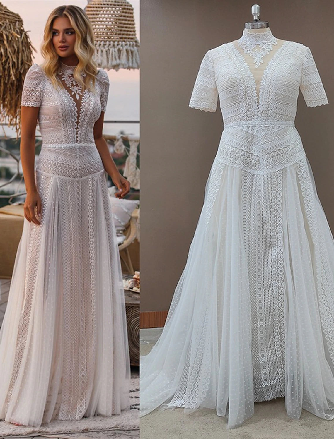 Wholesale Beach Boho Wedding Dresses A-Line Illusion Neck Short Sleeve Court Train Lace Outdoor Bridal Gowns With Appliques