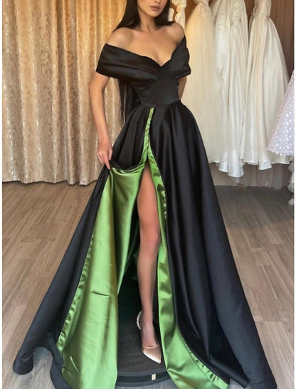 Wholesale A-Line Evening Gown Elegant Dress Formal Floor Length Black Dress Short Sleeve Off Shoulder Satin with Pleats Slit