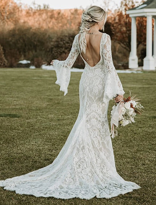 Wholesale  Beach Boho Wedding Dresses Mermaid / Trumpet V Neck Long Sleeve Court Train Lace Bridal Gowns With Appliques Solid