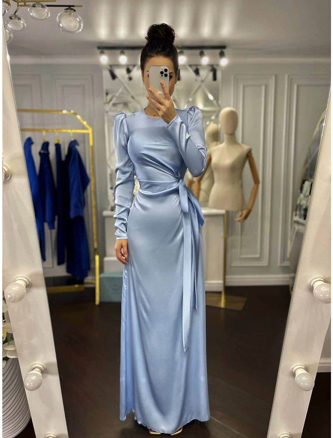 Wholesale Sheath / Column Evening Gown Elegant Dress Wedding Guest Fall Floor Length Long Sleeve High Neck Bridesmaid Dress Satin with Ruched