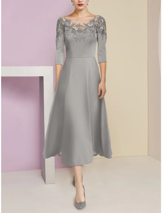 Wholesale A-Line Mother of the Bride Dress Wedding Guest Elegant Scoop Neck Tea Length Stretch Chiffon Half Sleeve with Lace Ruching Solid Color