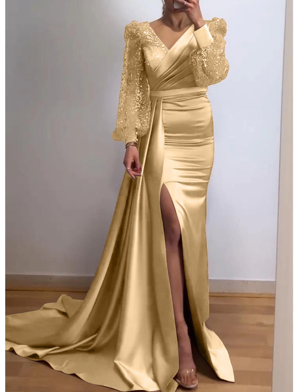 Wholesale Mermaid Evening Dress Champagne Gown Sparkle Sequin Dress Formal Black Tie Floor Length Long Sleeve V Neck Satin With Buttons Pearls