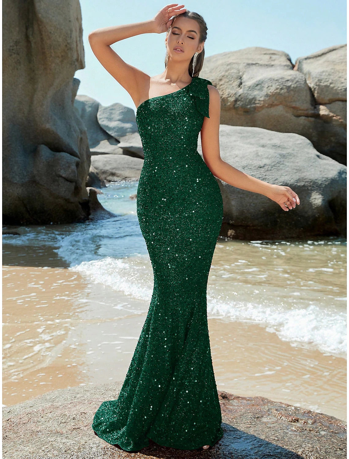 Wholesale Mermaid / Trumpet Evening Gown Sparkle & Shine Dress Formal Fall Sweep / Brush Train Sleeveless One Shoulder Sequined with Glitter Shouder Flower